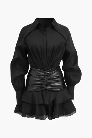 Chiffon Faux Leather Patchwork Ruffle Long Sleeve Mini Dress>MICAS Discount