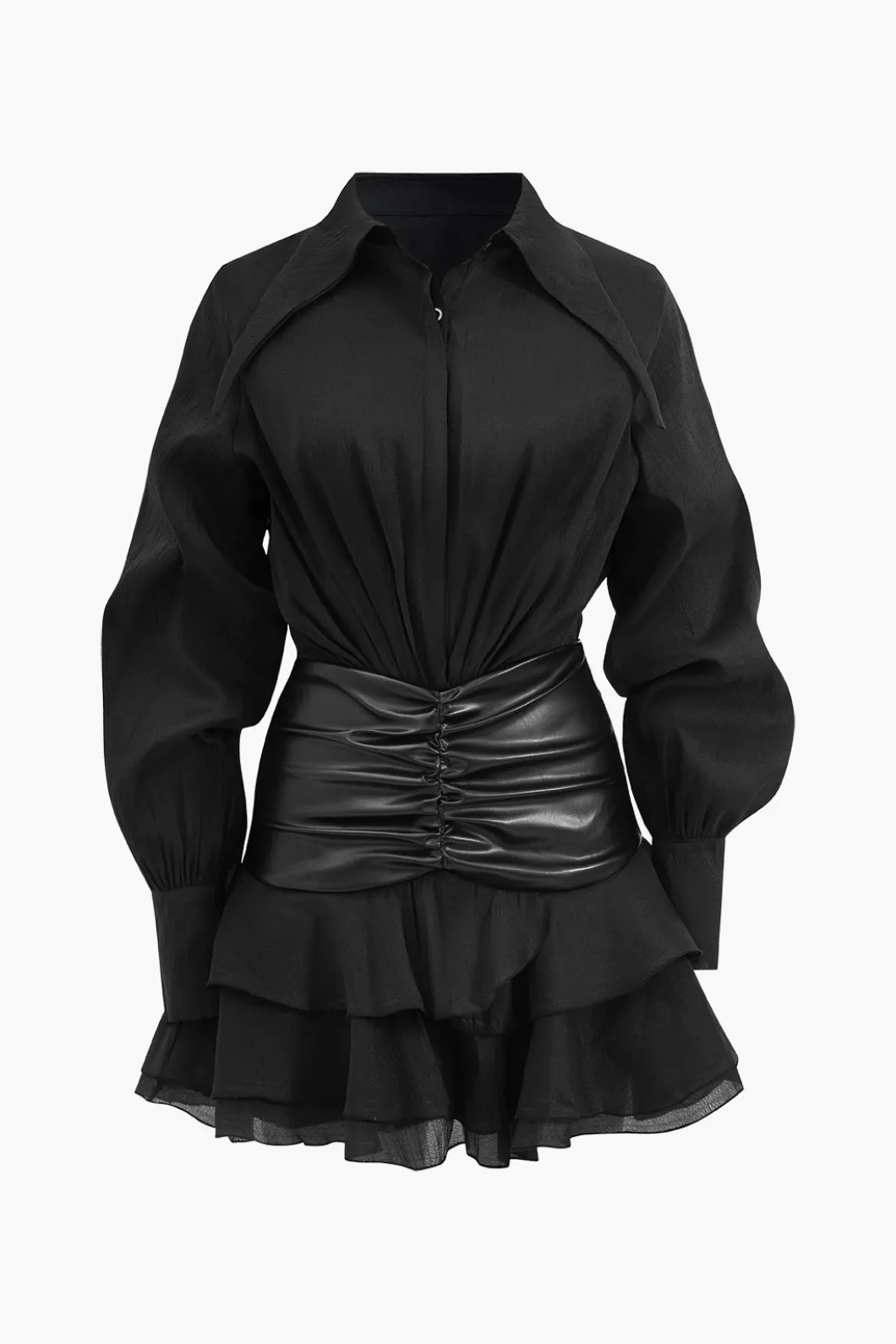 Chiffon Faux Leather Patchwork Ruffle Long Sleeve Mini Dress>MICAS Discount