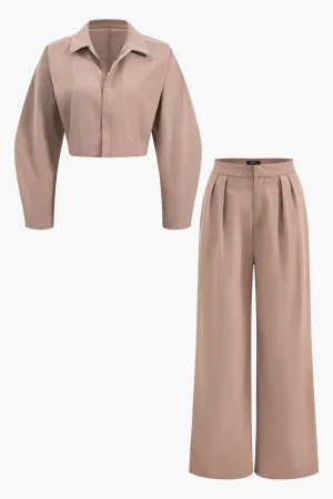 Collar Long Sleeve Crop Top And Trousers Set>MICAS Sale