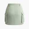 Collared Flap Pocket Drawstring Crop Top And Mini Skirt Set>MICAS Hot