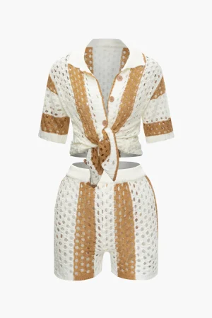 Color Block Crochet Open Knit Button Up Top And Shorts Set>MICAS Hot