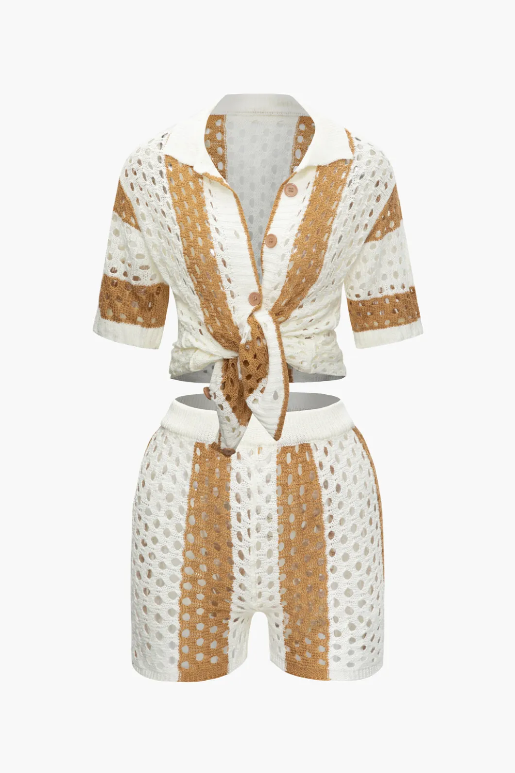 Color Block Crochet Open Knit Button Up Top And Shorts Set>MICAS Hot