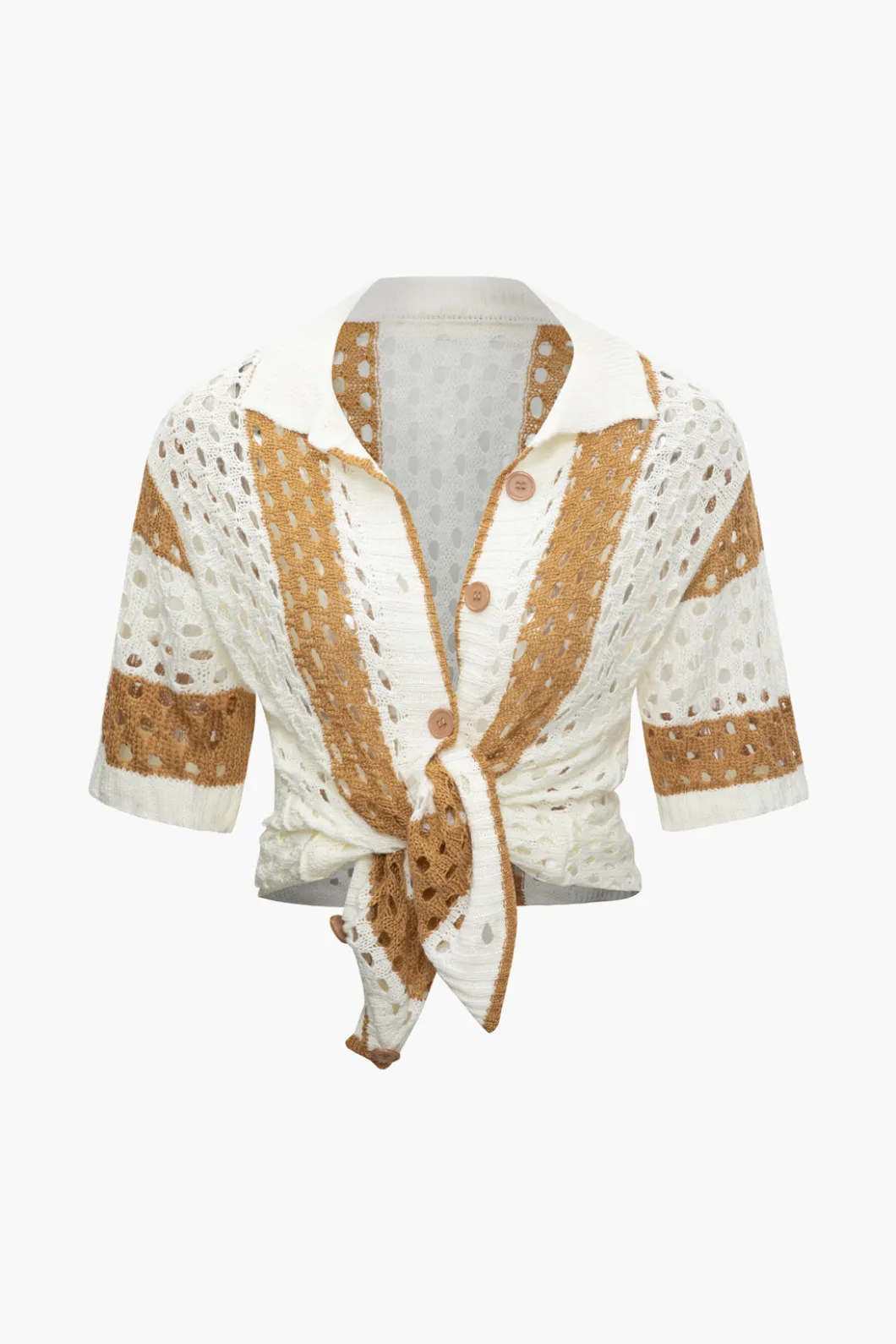 Color Block Crochet Open Knit Button Up Top And Shorts Set>MICAS Hot