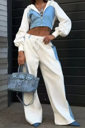 Color Block Denim Patchwork Hooded Zipper Jacket And Trousers Set>MICAS Sale