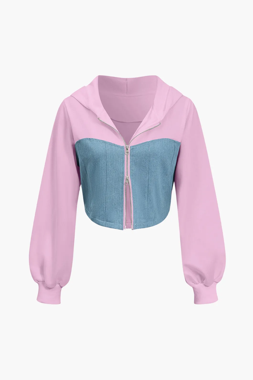 Color Block Denim Patchwork Hooded Zipper Jacket And Trousers Set>MICAS Sale