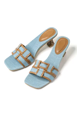 Color Block Faux Leather Denim Contrast Binding Asymmetrical Open Toe Mid Heel Sandals>MICAS Clearance