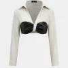 Color Block Faux Leather Linen Ruched Long-Sleeve Shirt>MICAS Fashion