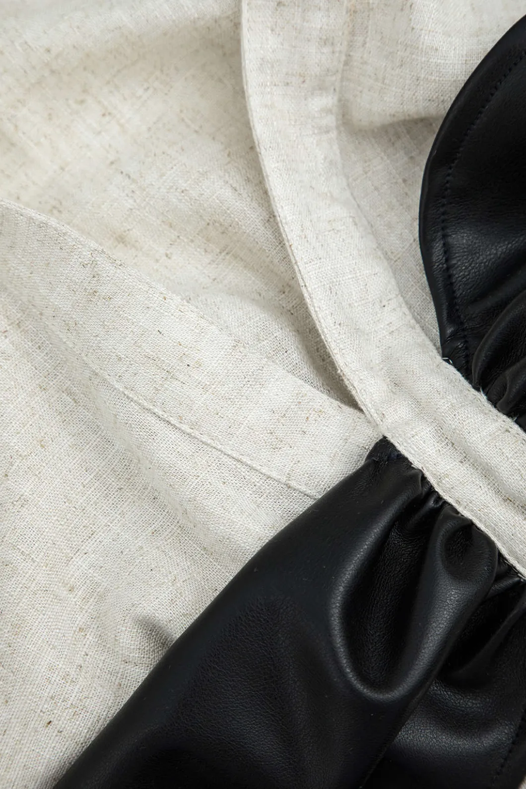 Color Block Faux Leather Linen Ruched Long-Sleeve Shirt>MICAS Fashion