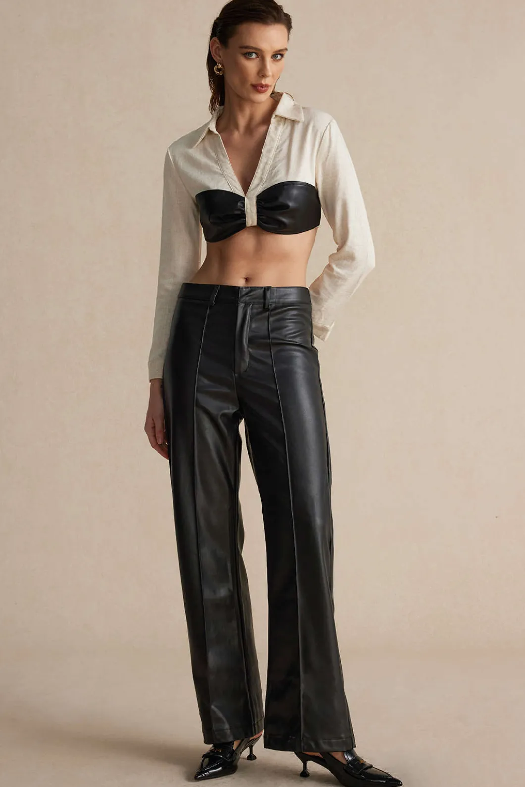 Color Block Faux Leather Linen Ruched Long-Sleeve Shirt>MICAS Fashion