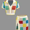 Color Block Knit Top and Split Mini Skirt Set>MICAS Hot