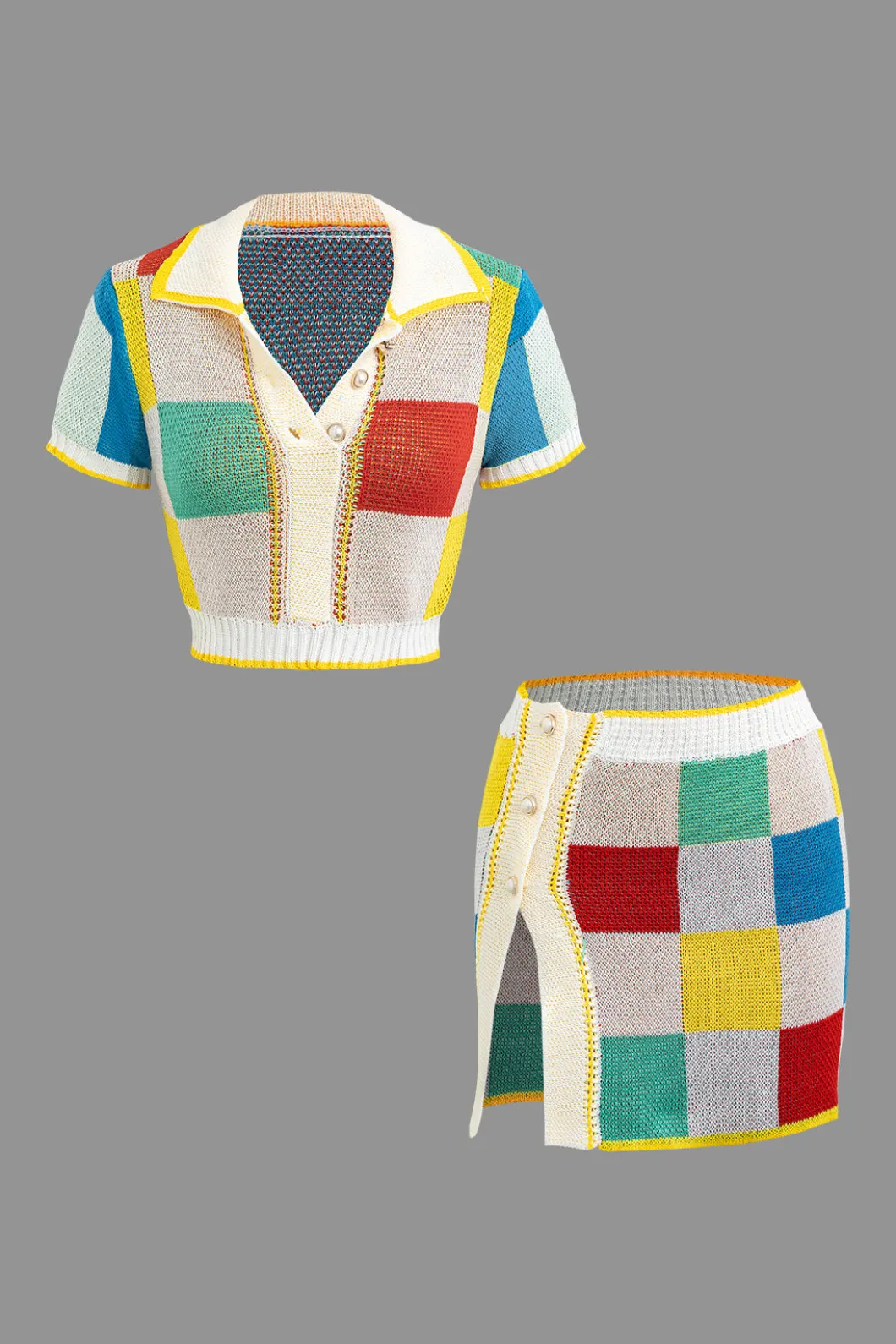 Color Block Knit Top and Split Mini Skirt Set>MICAS Hot