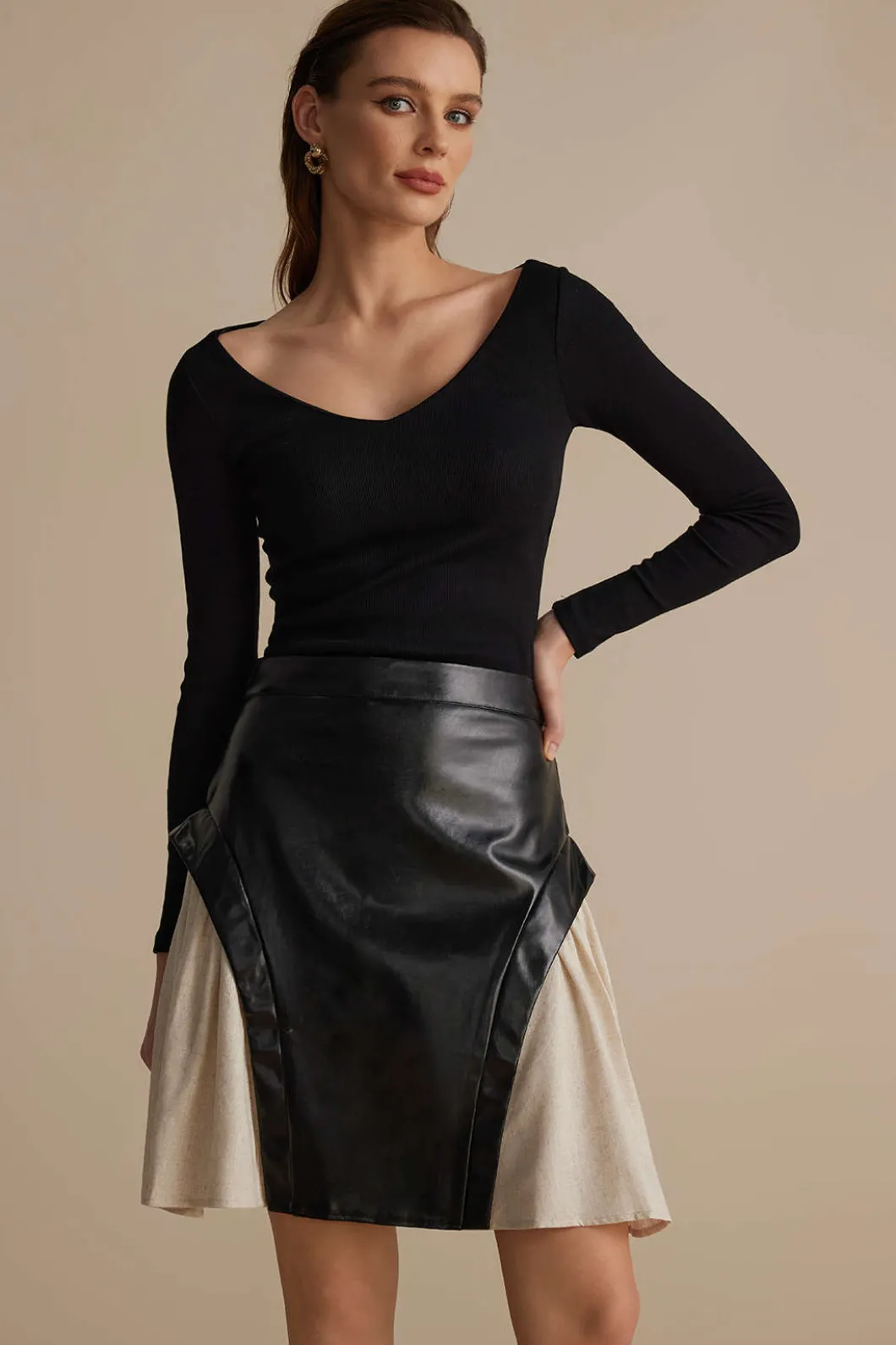 Color Block Patchwork Ruched Zipper Skirt>MICAS Fashion