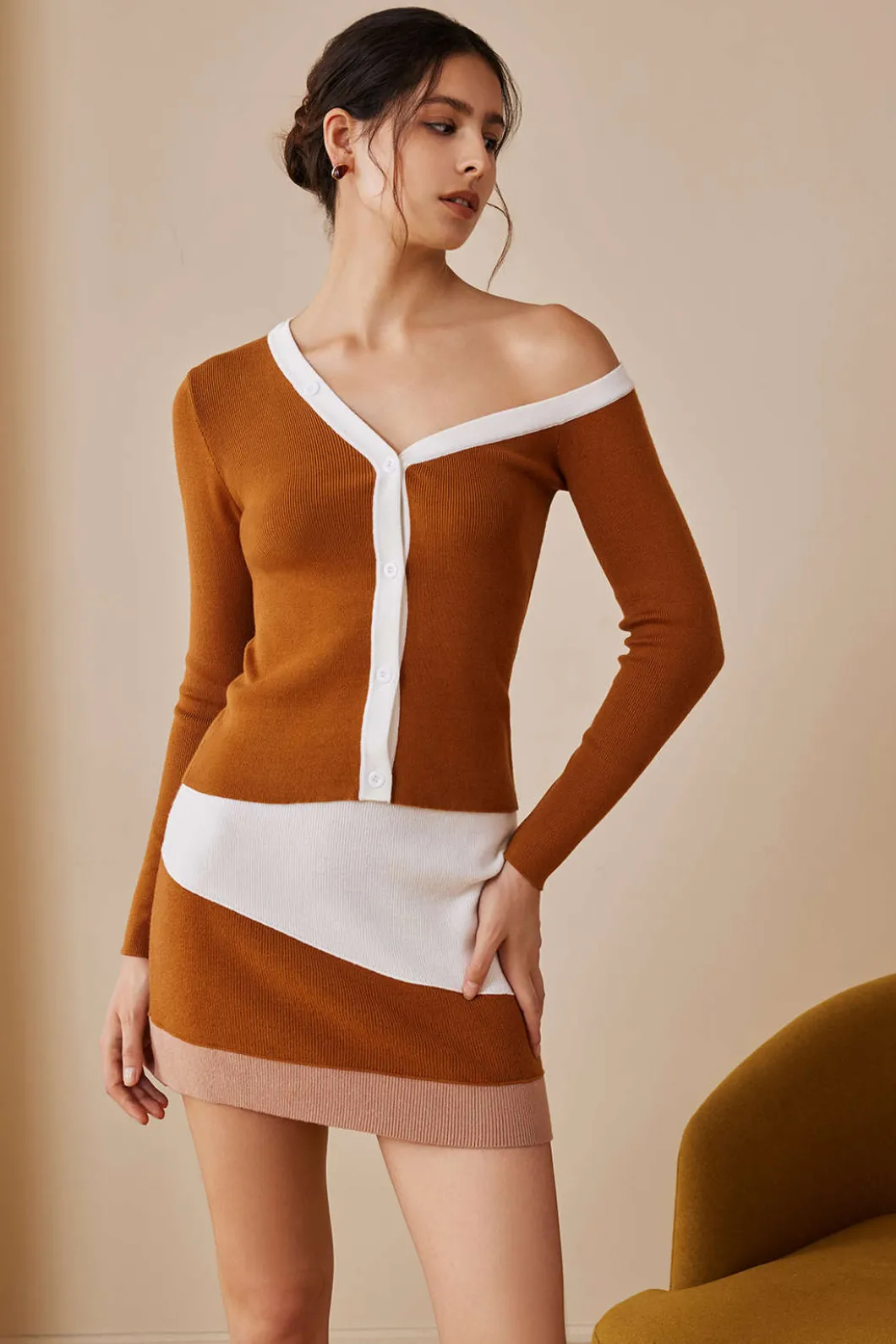 Color Block Print Knit Asymmetrical Long-Sleeve Top>MICAS Discount