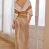 Color Block Print Knit Cut Out Tie-Up Crop Top And Skirt Set>MICAS New