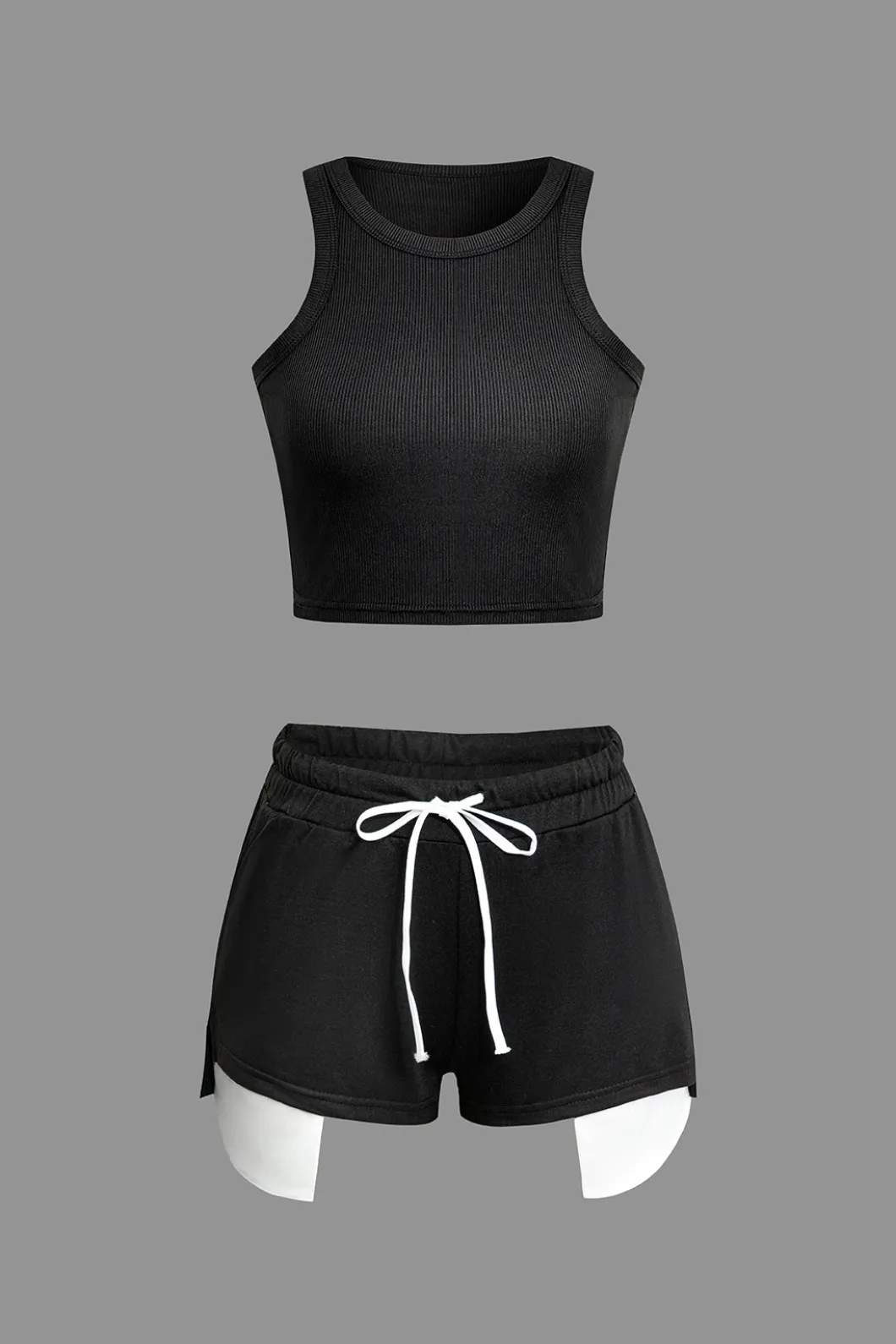 Color Block Side Slit Waist Short Set>MICAS Fashion