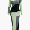 Colorblock Knit Destroyed Slit Midi Dress>MICAS Online