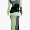 Colorblock Knit Destroyed Slit Midi Dress>MICAS Online