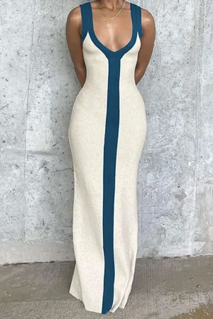 Colorblock V-neck Ribbed Split Maxi Dress>MICAS Outlet