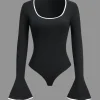 Contrast Binding Long Sleeve Bell Sleeve Bodysuit>MICAS Online