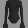 Contrast Binding Long Sleeve Bell Sleeve Bodysuit>MICAS Online