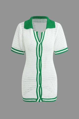 Contrast Button Up Short Sleeve Cardigan Hollow Out Knit Mini Dress>MICAS Hot