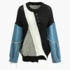 Contrast Denim Stitching Round Neck Sweater>MICAS Fashion