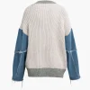 Contrast Denim Stitching Round Neck Sweater>MICAS Fashion