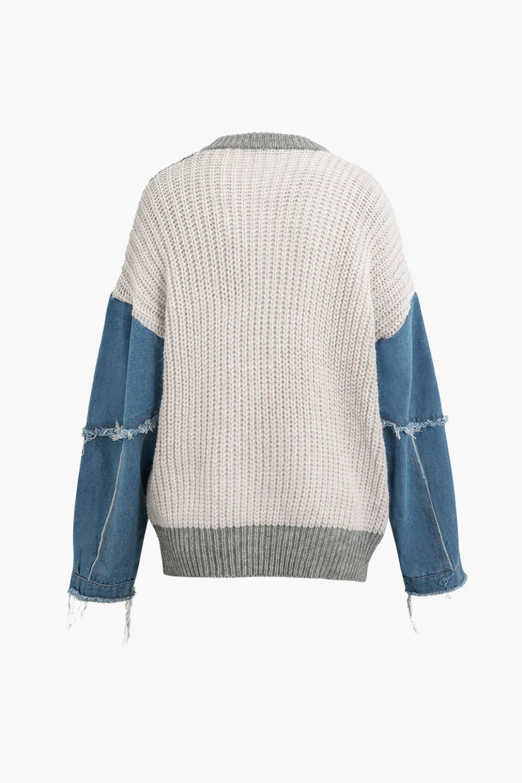 Contrast Denim Stitching Round Neck Sweater>MICAS Fashion