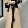 Contrast Faux Leather Patchwork Pocket Belted Coat>MICAS Best