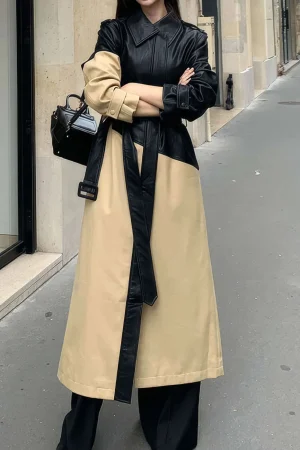 Contrast Faux Leather Patchwork Pocket Belted Coat>MICAS Best