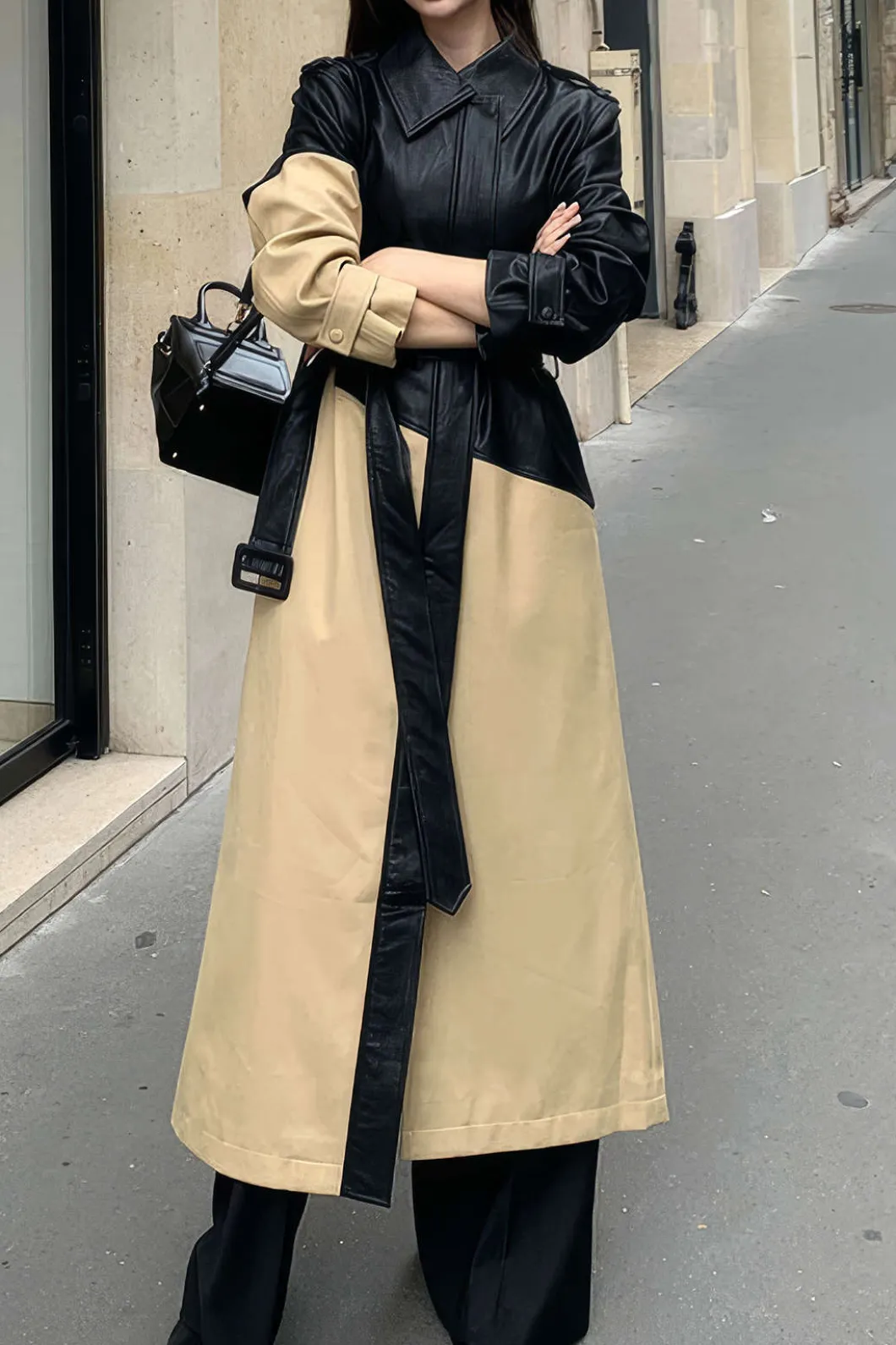 Contrast Faux Leather Patchwork Pocket Belted Coat>MICAS Best