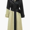 Contrast Faux Leather Patchwork Pocket Belted Coat>MICAS Best