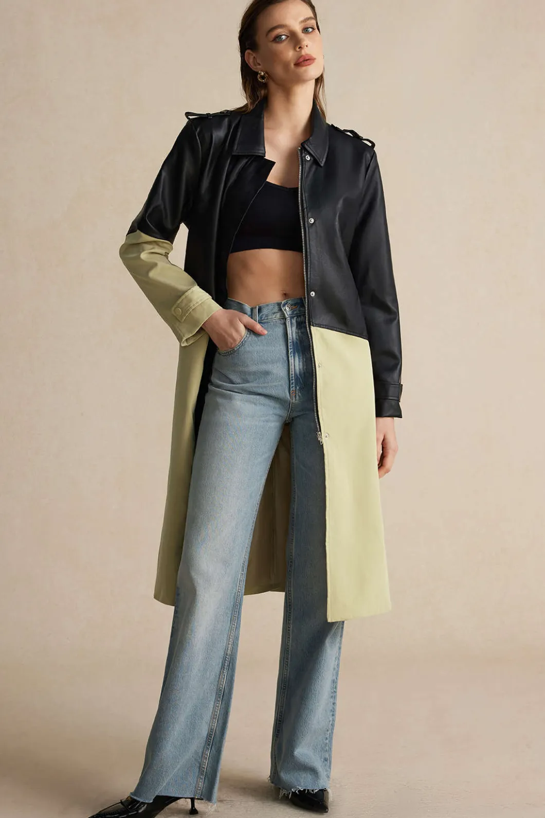 Contrast Faux Leather Patchwork Pocket Belted Coat>MICAS Best