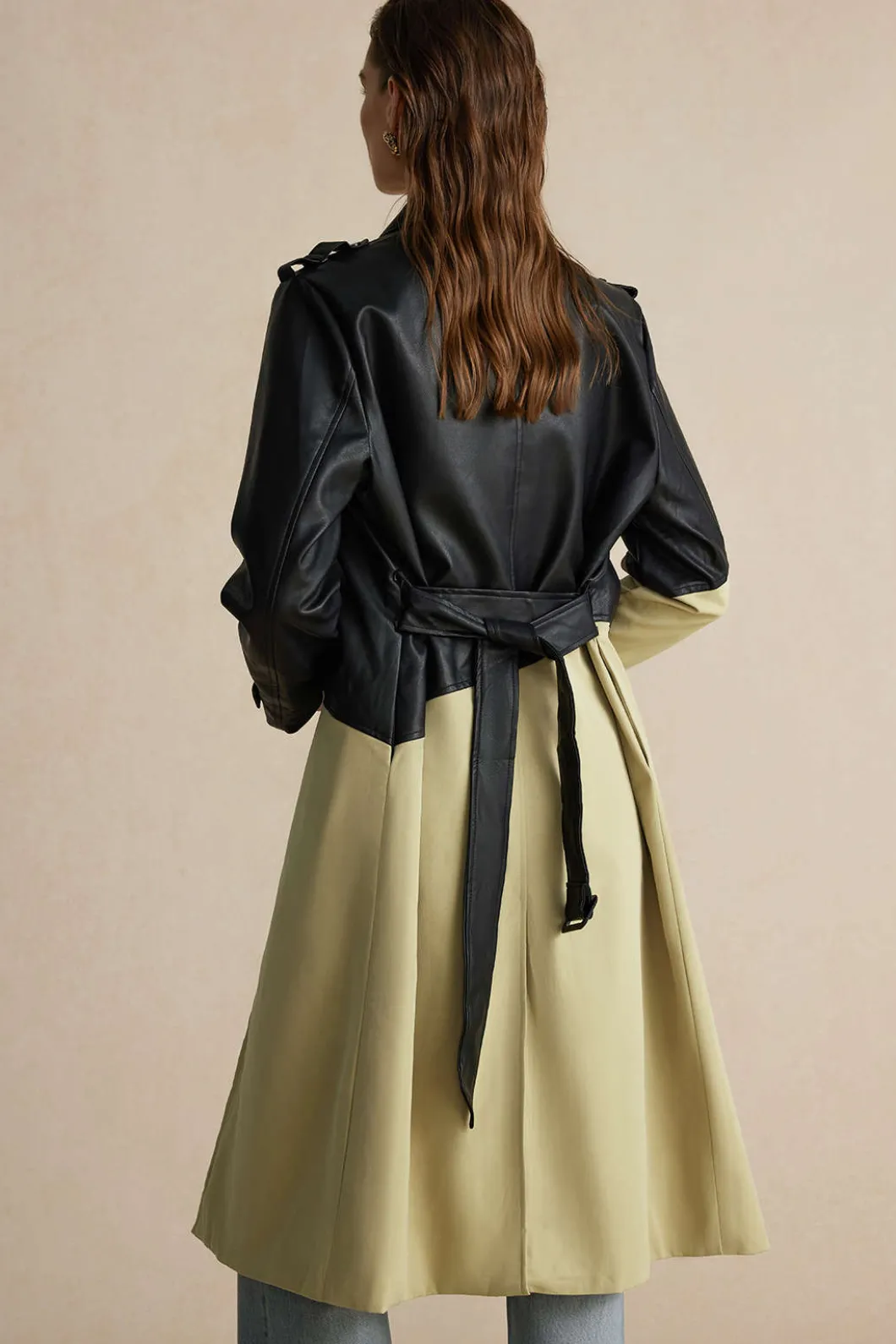 Contrast Faux Leather Patchwork Pocket Belted Coat>MICAS Best