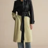 Contrast Faux Leather Patchwork Pocket Belted Coat>MICAS Best