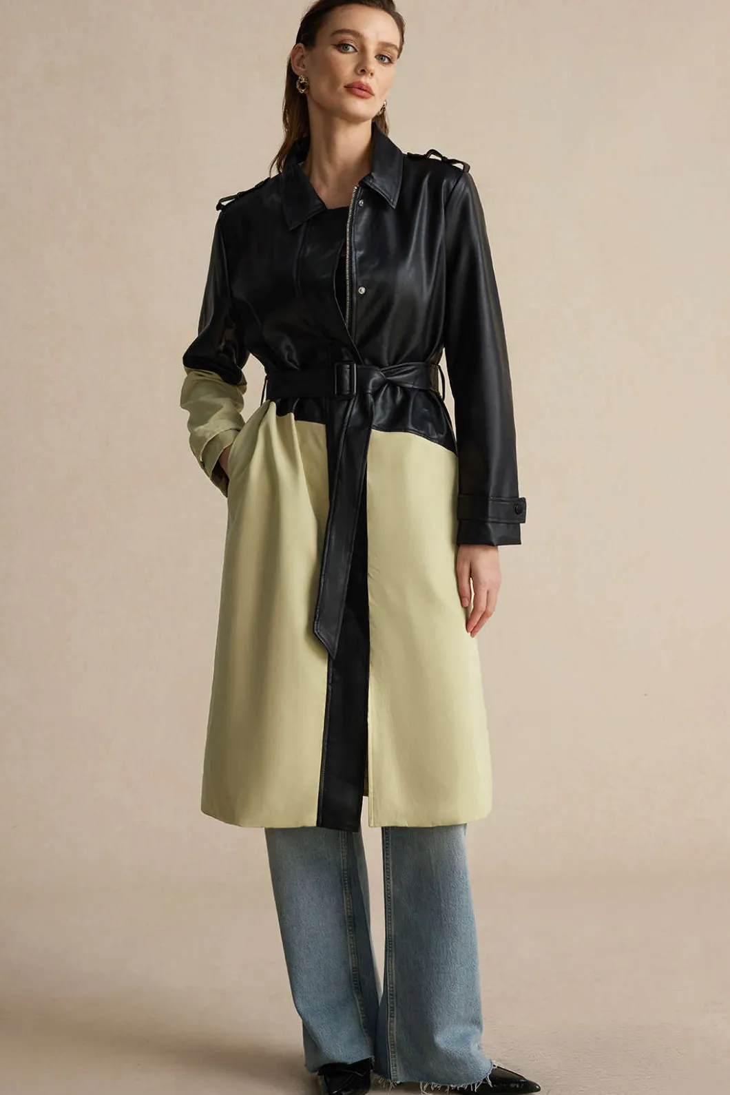 Contrast Faux Leather Patchwork Pocket Belted Coat>MICAS Best