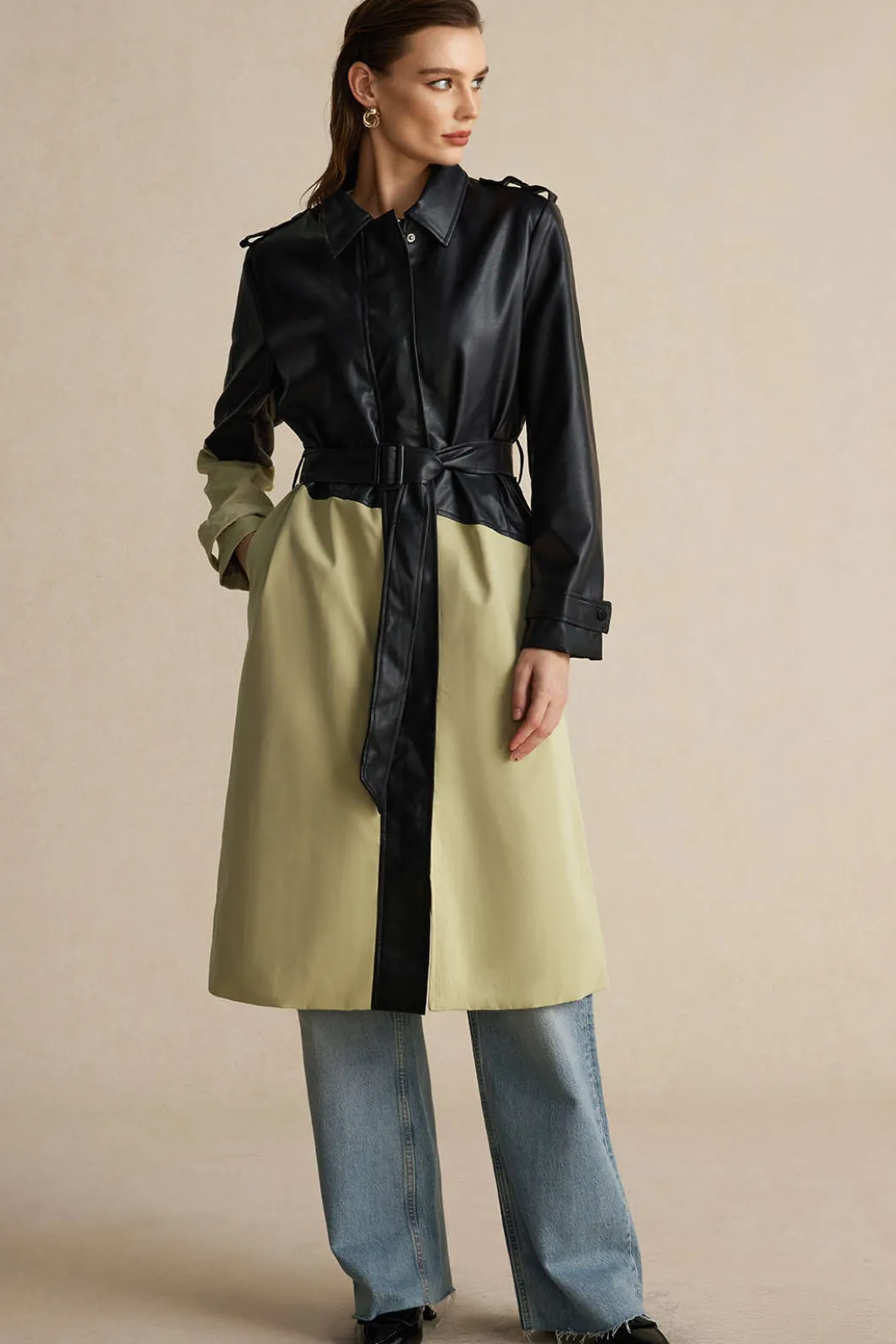 Contrast Faux Leather Patchwork Pocket Belted Coat>MICAS Best