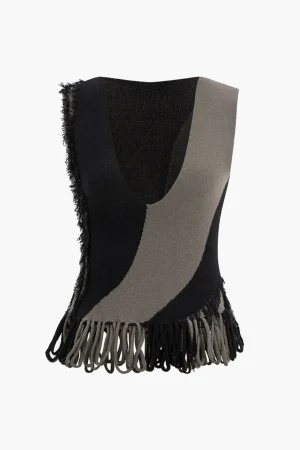 Contrast Fringe Sweater Tank Top>MICAS Best
