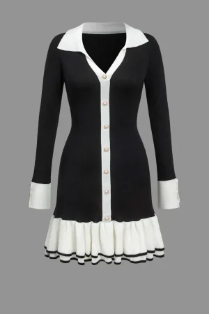 Contrast Knit Bowknot Back Pleated Mini Dress>MICAS Clearance