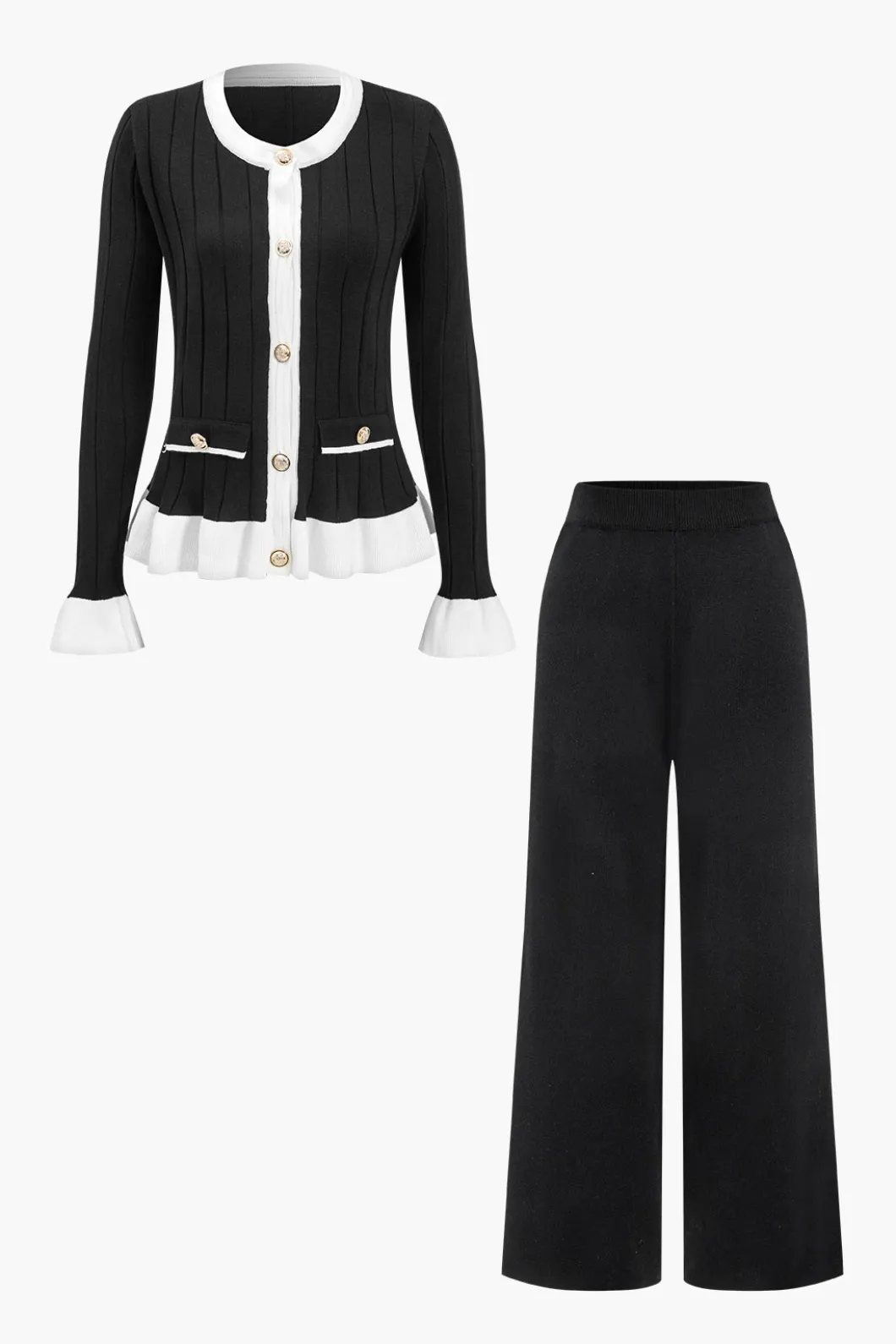 Contrast Knit Button Ruffle Top And Pants Set>MICAS Online