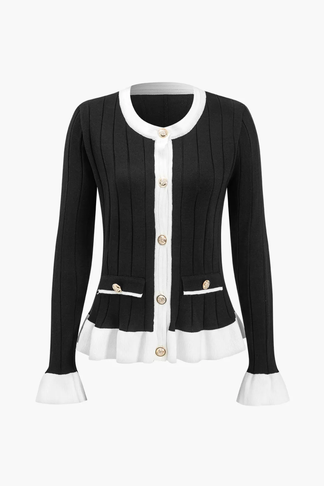 Contrast Knit Button Ruffle Top And Pants Set>MICAS Online