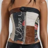 Contrast Letter Print Faux Leather Zipper Strapless Top>MICAS Sale