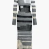 Contrast Long Sleeve Round Neck Open Knit Maxi Dress>MICAS New