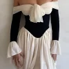 Contrast Off Shoulder Knot Bell Sleeve Pleated Mini Dress>MICAS Sale
