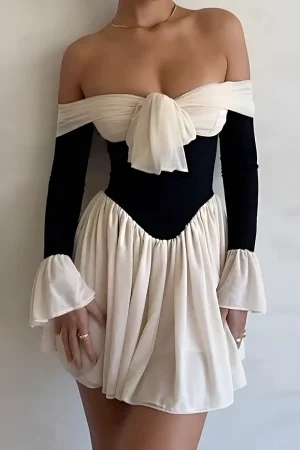 Contrast Off Shoulder Knot Bell Sleeve Pleated Mini Dress>MICAS Sale