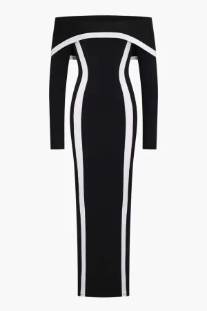 Contrast Off Shoulder Long Sleeve Maxi Dress>MICAS Fashion