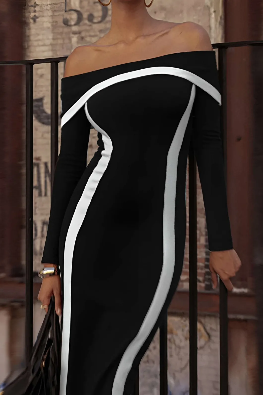 Contrast Off Shoulder Long Sleeve Maxi Dress>MICAS Fashion