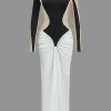 Contrast Patchwork Ruched Long Sleeve Maxi Dress>MICAS Best