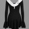 Contrast Ruffle Neck Tie Front Bell Sleeve Mini Dress>MICAS Outlet