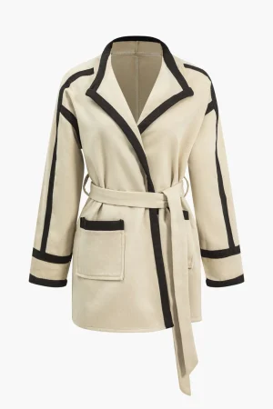 Contrast Trim Belted Wrap Coat>MICAS Online